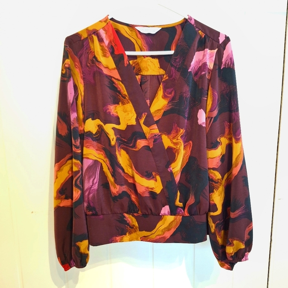 Nine West Tops - NWOT Nine West Multicolor Abstract Bishop Sleeve Blouse Size Large Maroon Gold